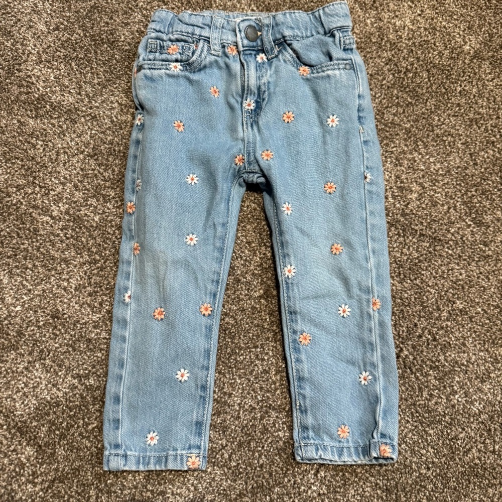 Cotton On Kids Girls Light Wash Daisy‎ Embroidered Denim Jeans Size 2